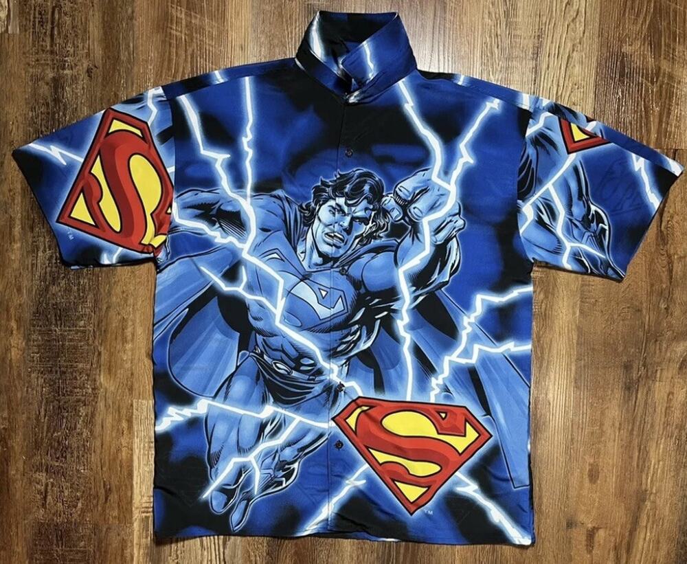 SUPERMAN Vintage Hero Warner Brothers Y2K AOP Korean Shirt Mens XL Fast Ship